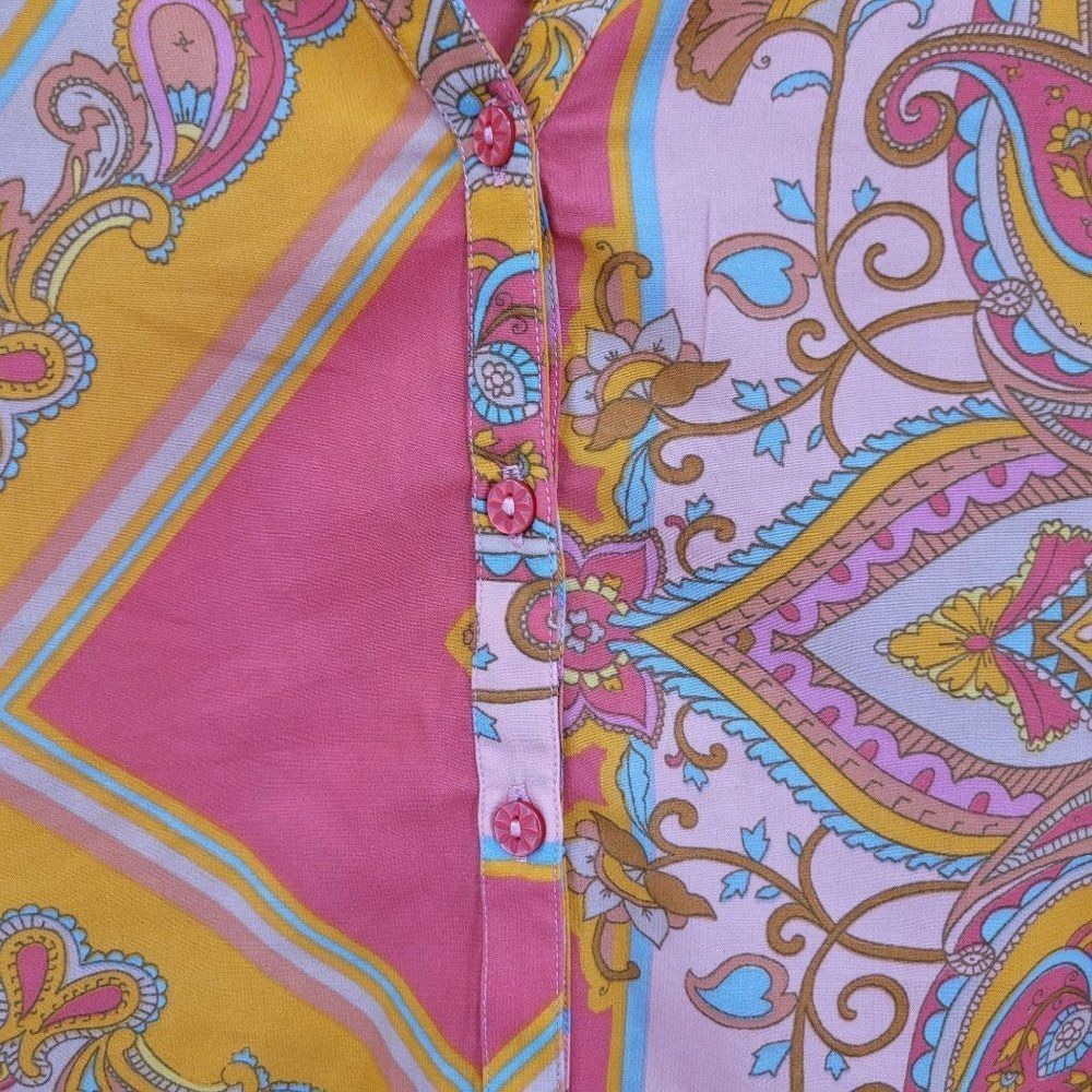 Bandolino Boho Paisley Patchwork Scarf Print Blouse Top Sz M Pink Gypsy - Picture 7 of 15